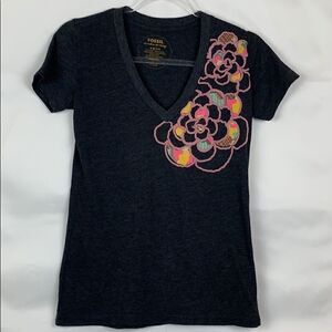 Fossil Grey embroidered deep v neck tee